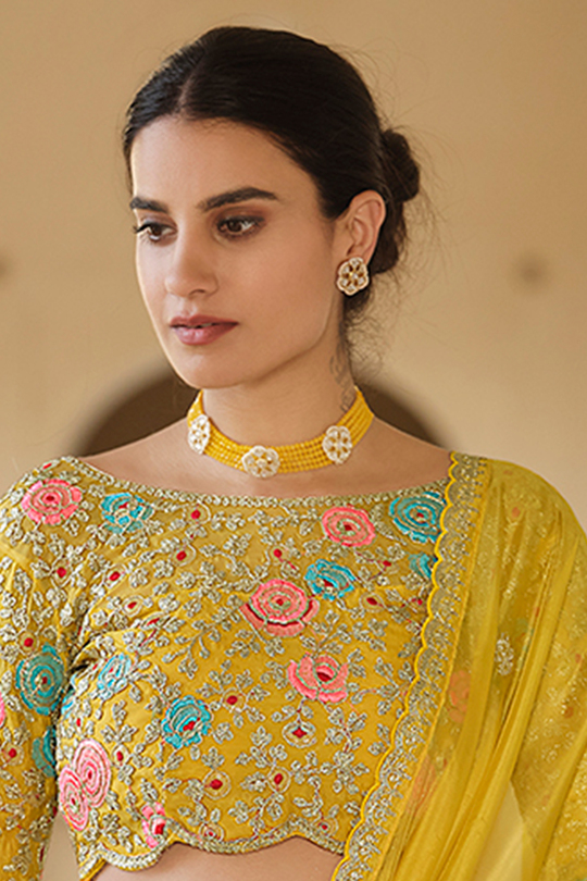 Yellow Organza Embroidered Saree with Unstitched Net Blouse