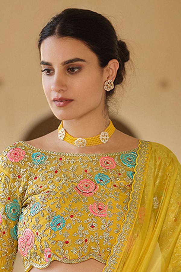 Yellow Organza Embroidered Saree with Unstitched Net Blouse