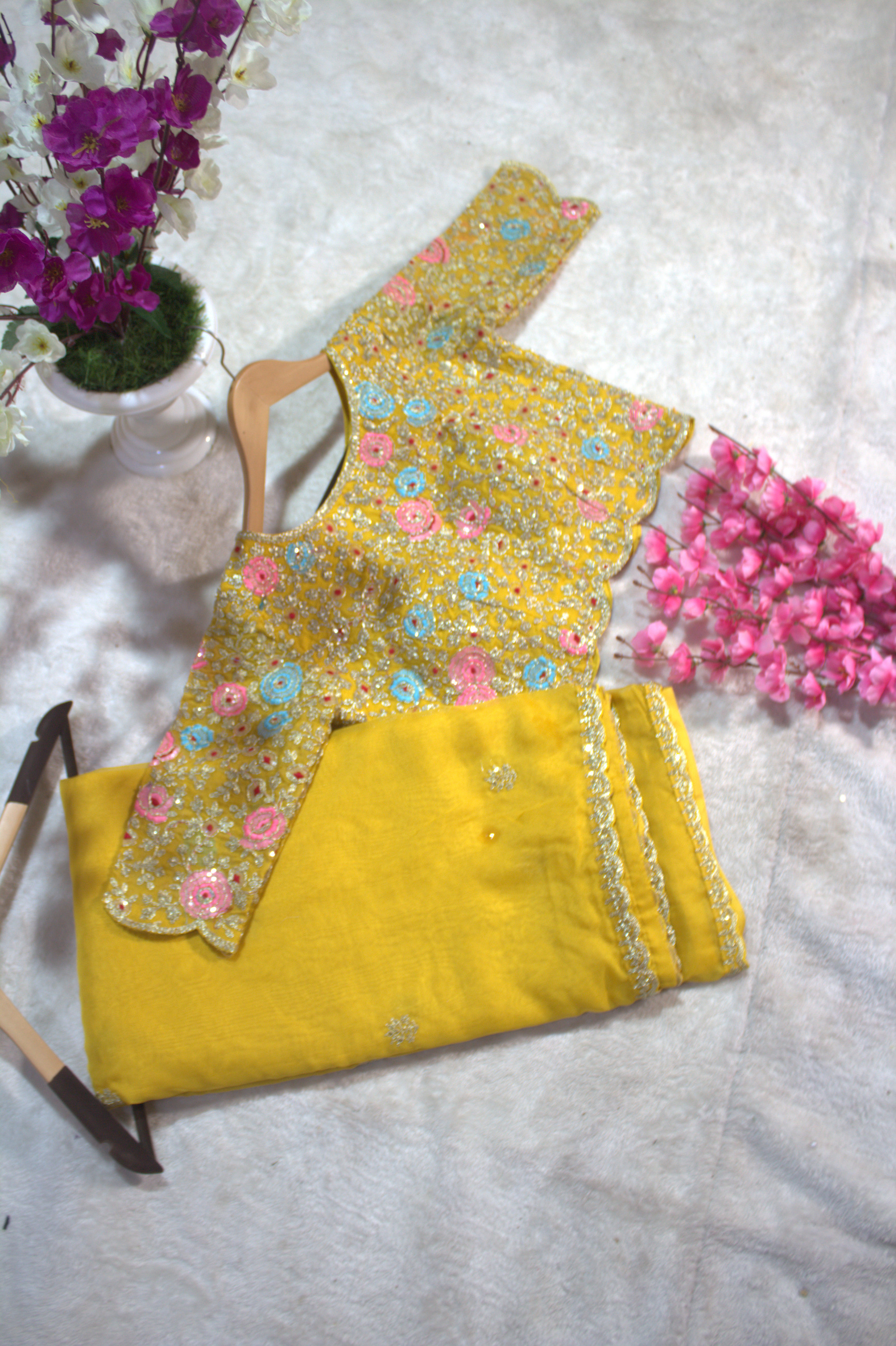 Yellow Organza Embroidered Saree with Unstitched Net Blouse