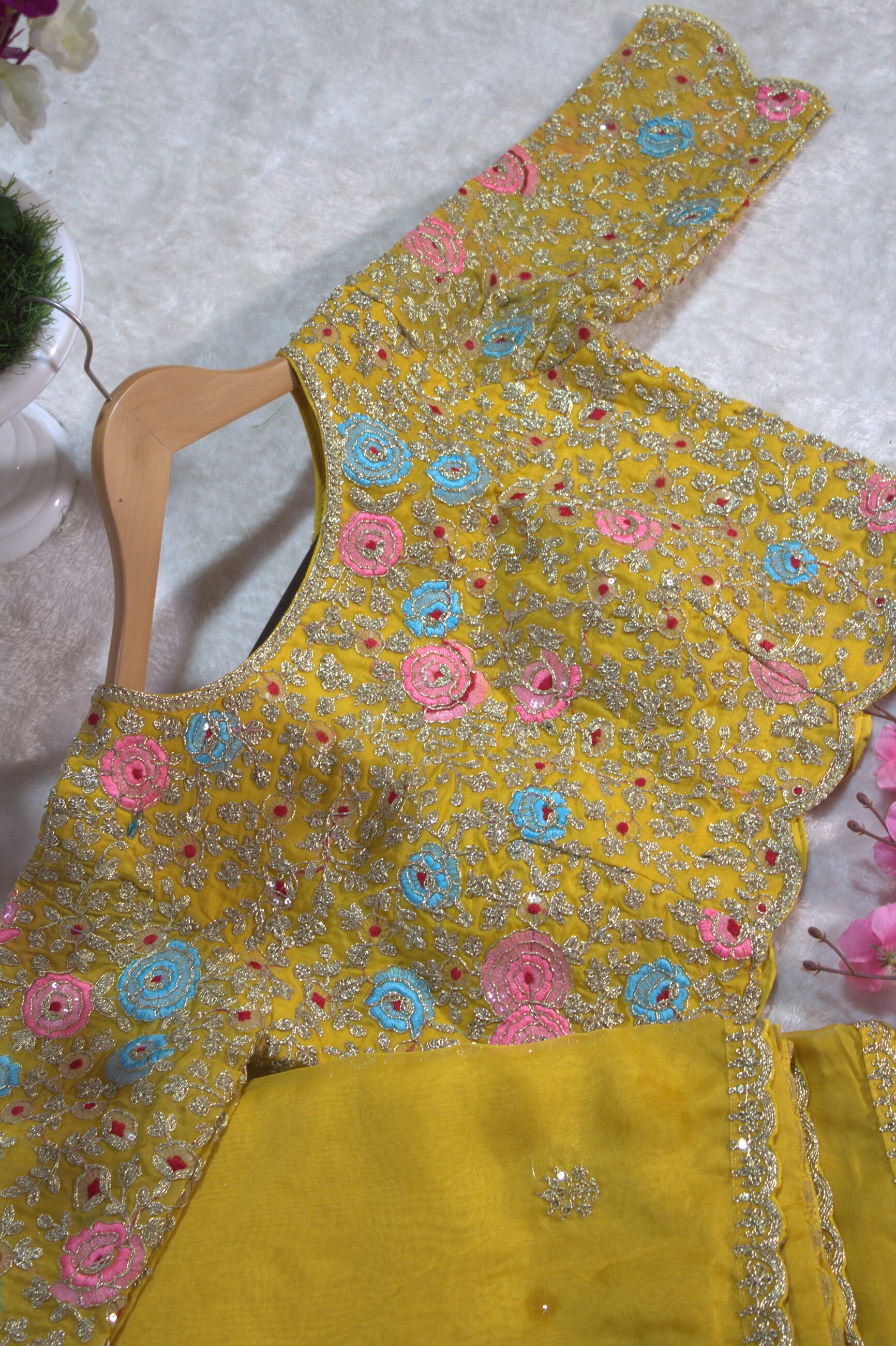 Yellow Organza Embroidered Saree with Unstitched Net Blouse