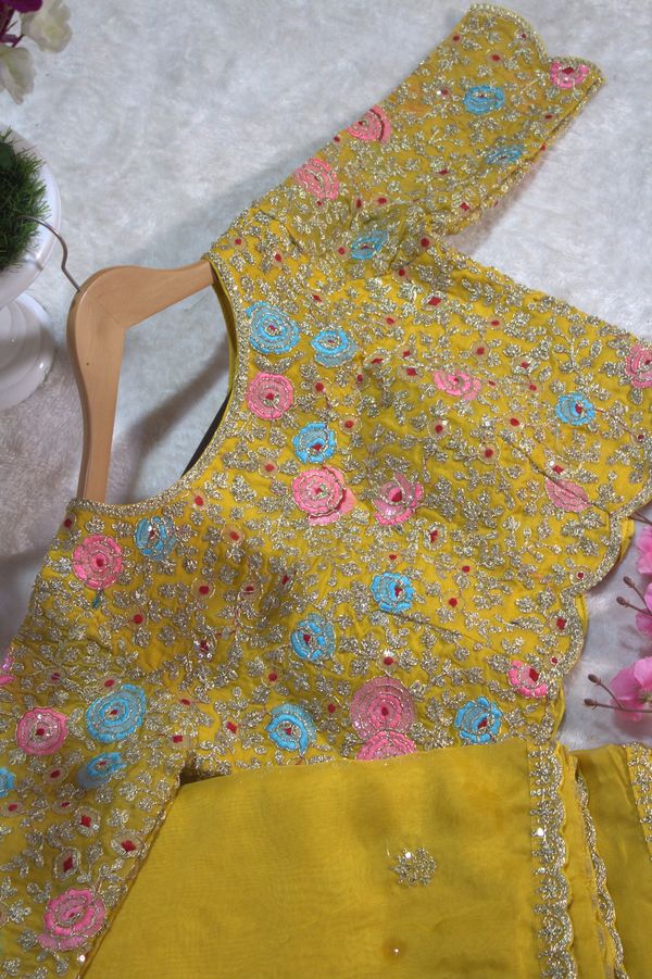 Yellow Organza Embroidered Saree with Unstitched Net Blouse